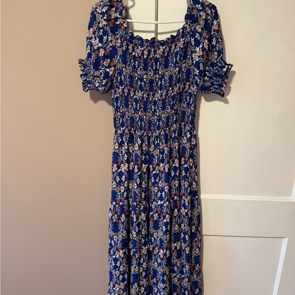 Max Studio Navy Floral Smocked Maxi Dress
